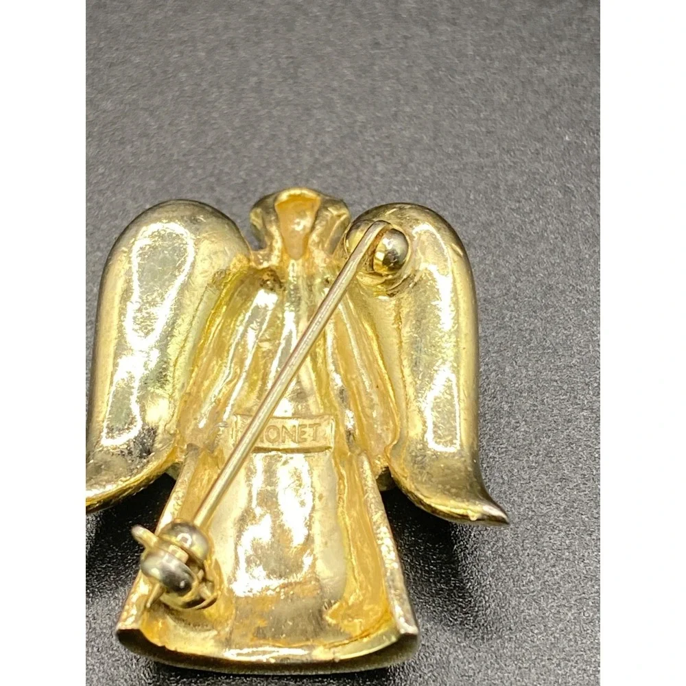 Vintage Monet Angel Brooch‎ Rhinestone Wings Gold Tone